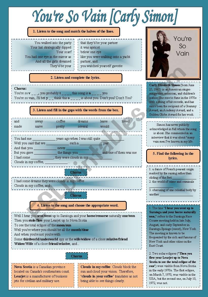 Song You Re So Vain Carly Simon Printer Friendly Version Included Esl Worksheet By Songlessons Got a date with that chair, oh in late july. esl printables